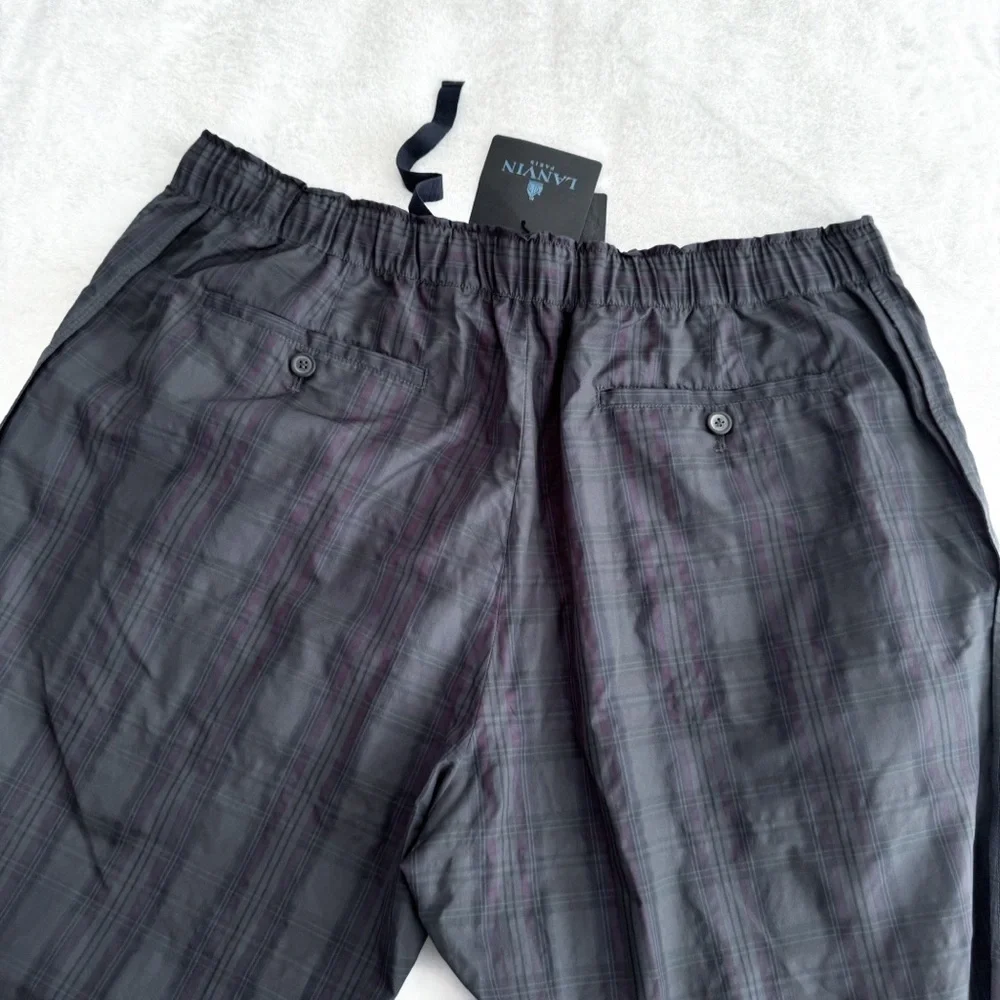 Lanvin Men’s Plaid Check Pants Lounge Elastic Waist Pockets Gray Navy Trousers